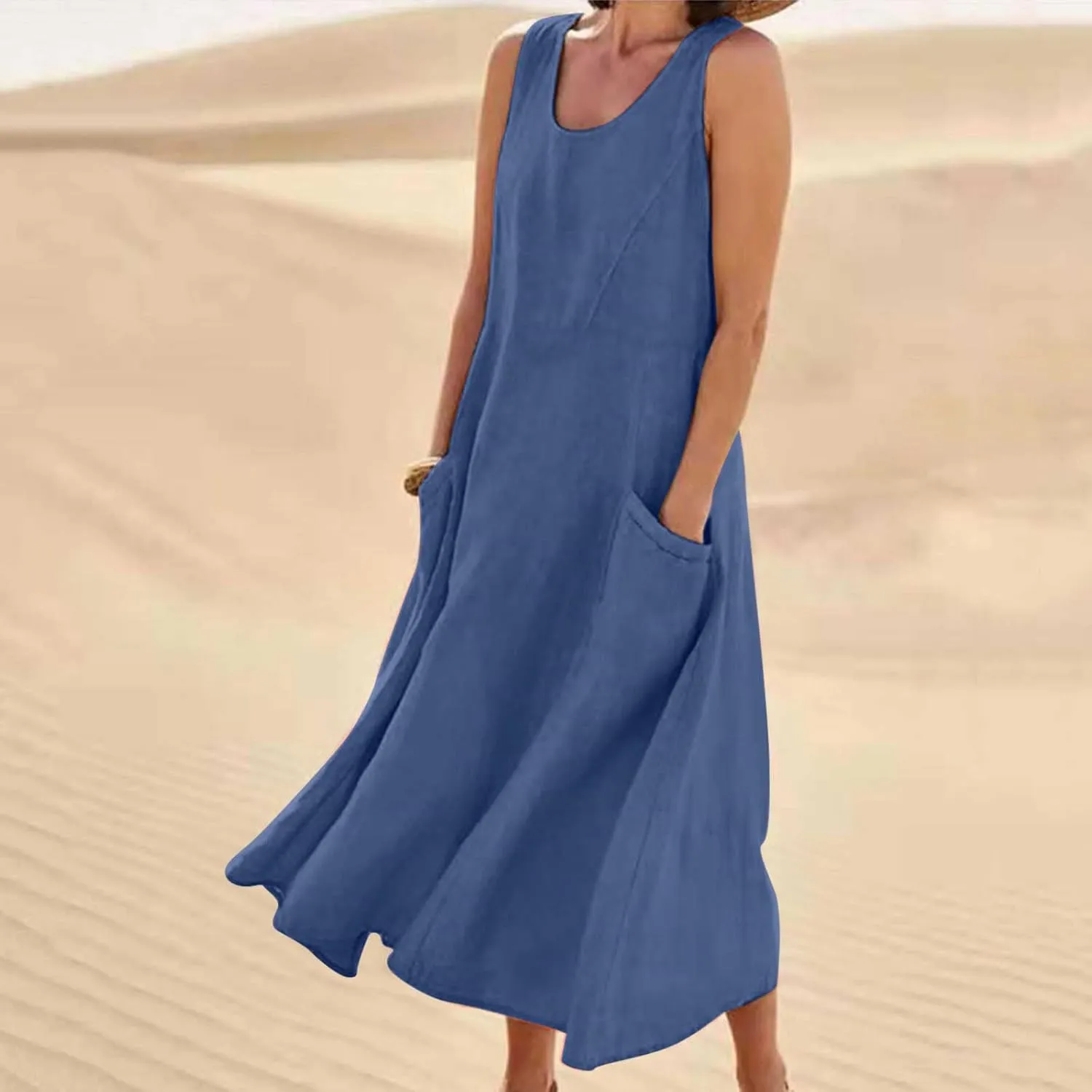 Women Basic Cotton Linen Sleeveless Midi Dresses Summer Trendy Lounge Loose Fit Swing A-Line Dress with Pockets