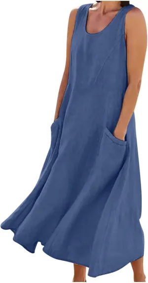 Women Basic Cotton Linen Sleeveless Midi Dresses Summer Trendy Lounge Loose Fit Swing A-Line Dress with Pockets
