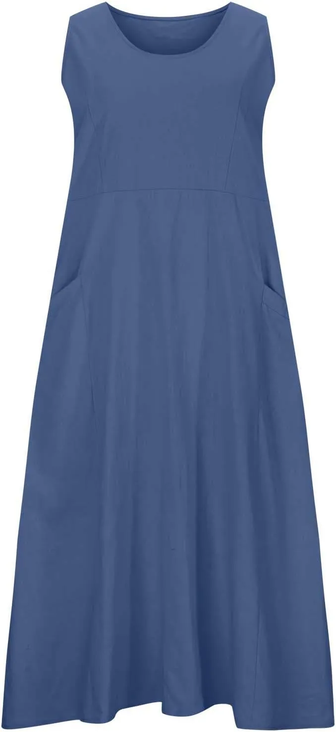 Women Basic Cotton Linen Sleeveless Midi Dresses Summer Trendy Lounge Loose Fit Swing A-Line Dress with Pockets