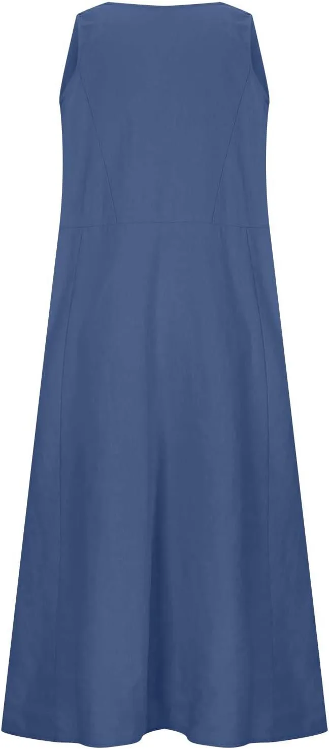 Women Basic Cotton Linen Sleeveless Midi Dresses Summer Trendy Lounge Loose Fit Swing A-Line Dress with Pockets