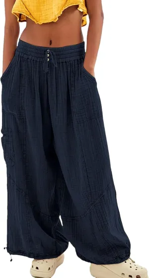 Women Beach Pants Linen Wide Leg Harem High Waist Button Drawstring Looseo Palazz Pants with Pocket