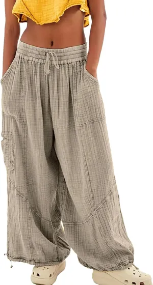 Women Beach Pants Linen Wide Leg Harem High Waist Button Drawstring Looseo Palazz Pants with Pocket