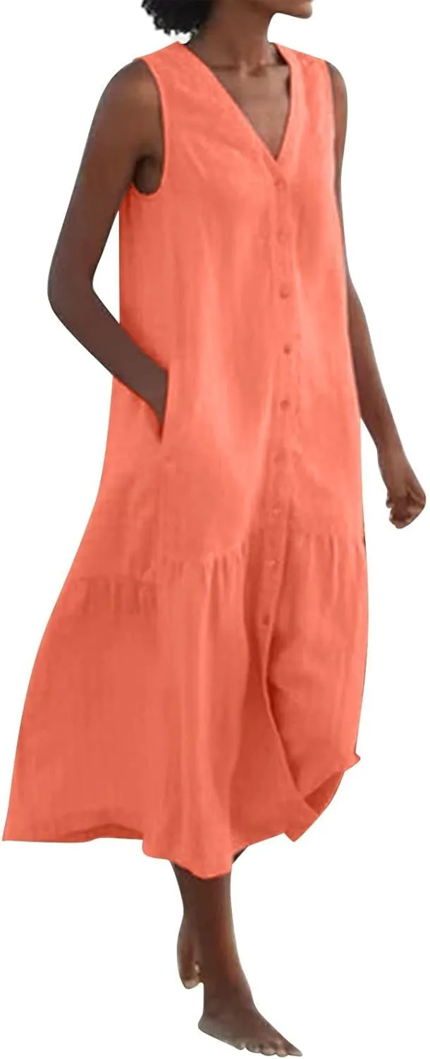 Women Button Down Tank Dress Cotton Linen Pleated Hem Swing Dresses Summer Casual Sleeveless V Neck Midi Dresses