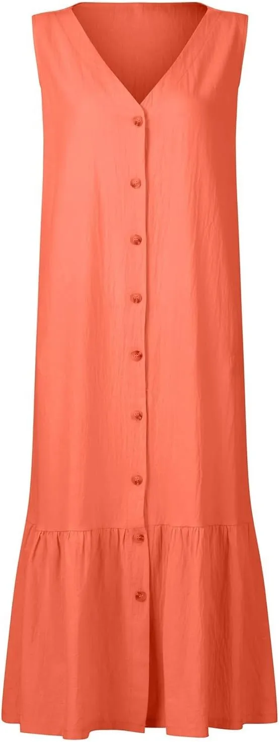 Women Button Down Tank Dress Cotton Linen Pleated Hem Swing Dresses Summer Casual Sleeveless V Neck Midi Dresses