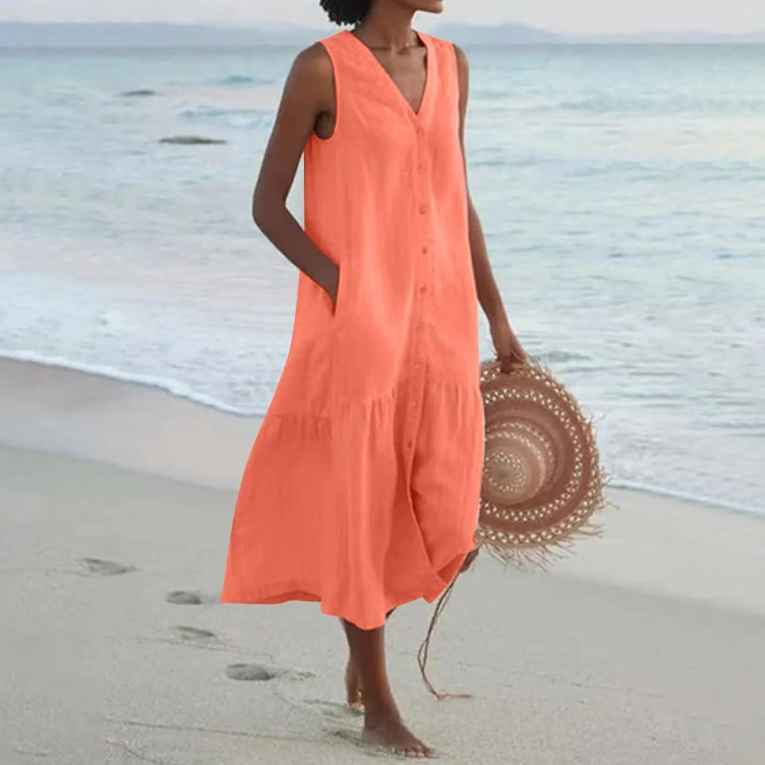 Women Button Down Tank Dress Cotton Linen Pleated Hem Swing Dresses Summer Casual Sleeveless V Neck Midi Dresses