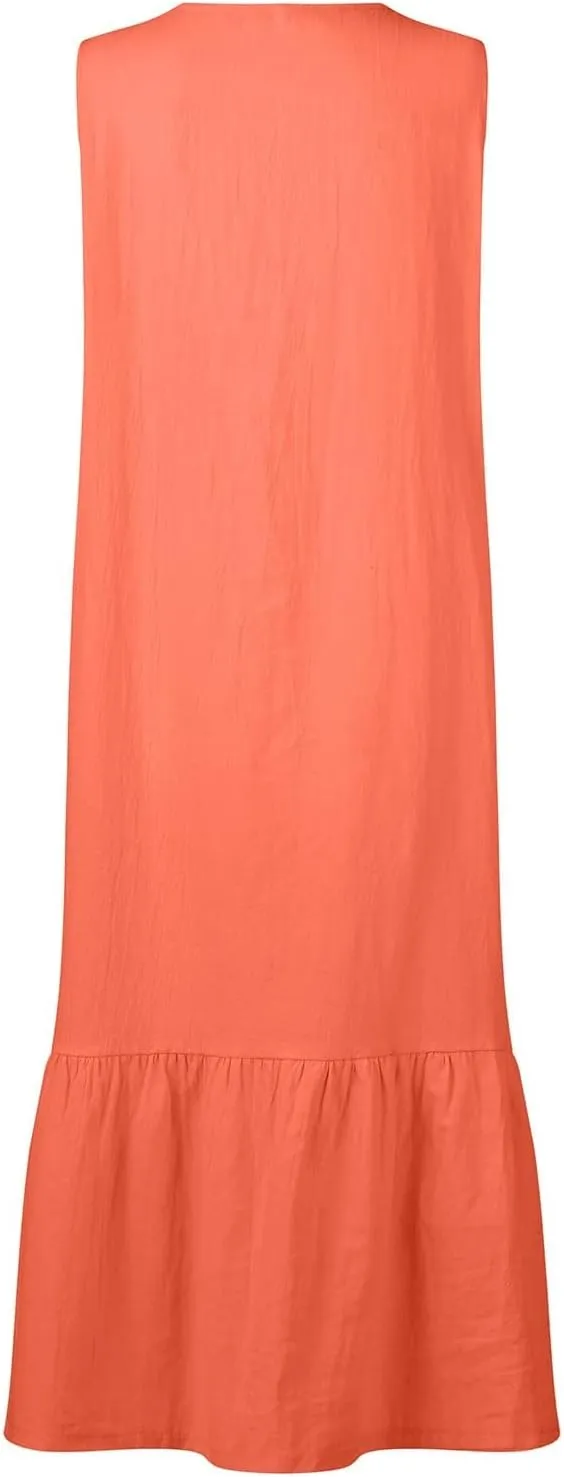 Women Button Down Tank Dress Cotton Linen Pleated Hem Swing Dresses Summer Casual Sleeveless V Neck Midi Dresses