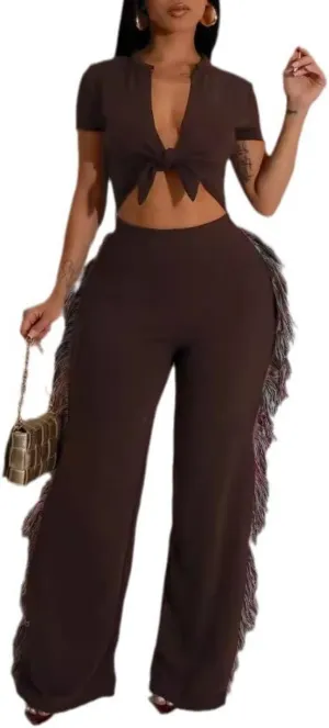 Women Casual Fringe Jumpsuit Short Sleeve Strap Tank Top Long Tassel Wide Leg Pants Romper Overall Outfits