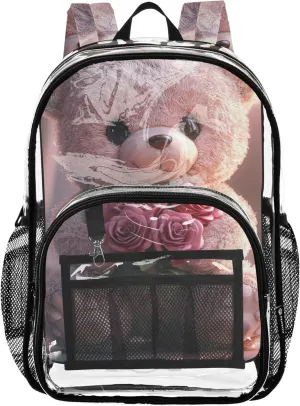 Women Clear Backpack Cute Boys Backpacks for Girls See through Approved Bag Cute Teddy Bear Roses