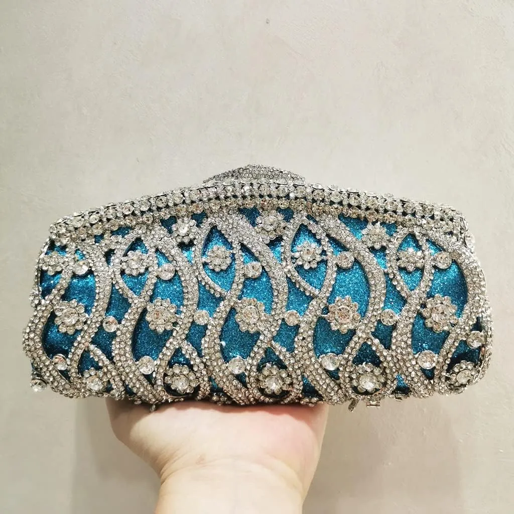 Women Crystal Clutch Purse Stones Evening Bags Metal Hollow Box Handbag Bridal Bags Wedding Party Clutches