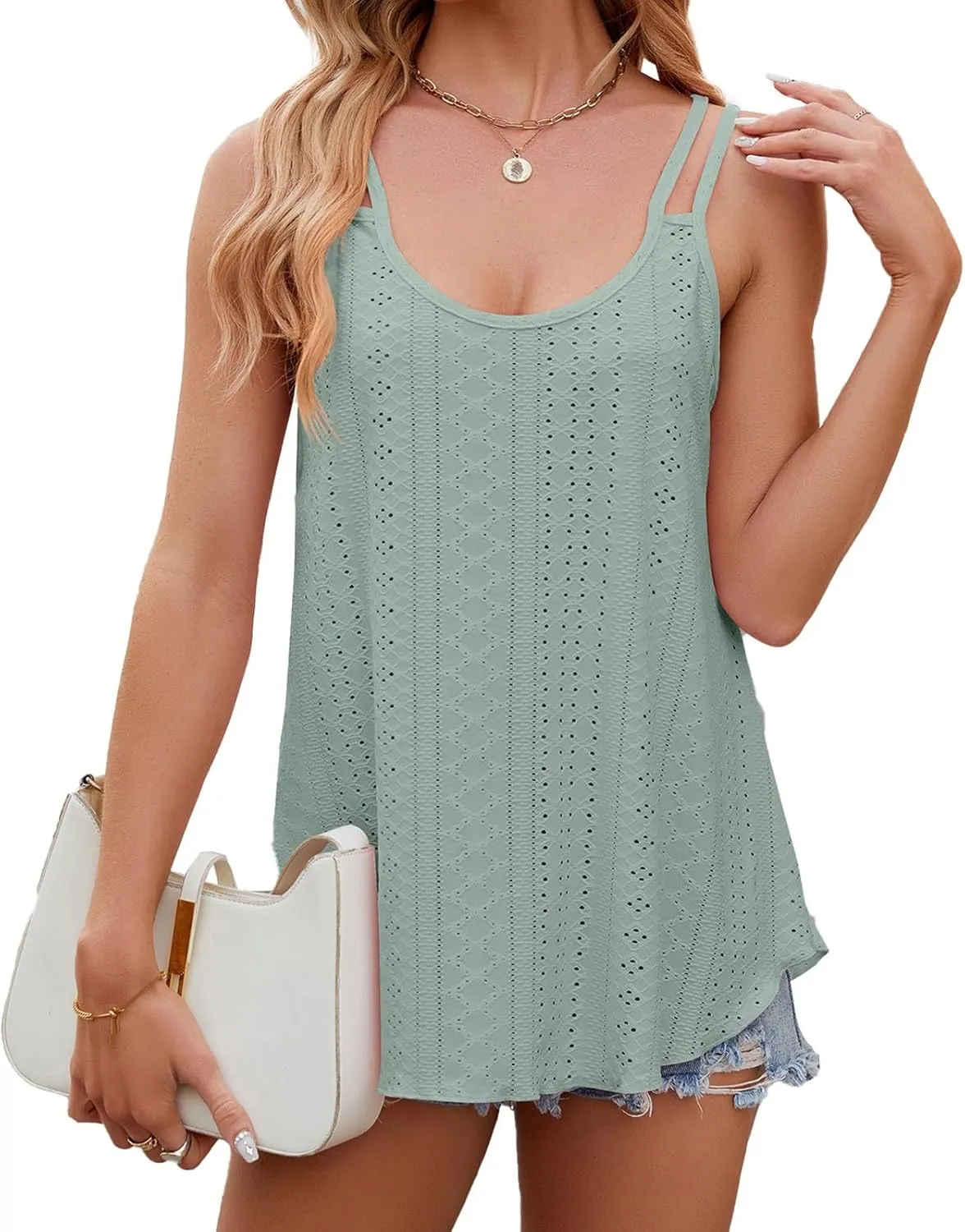 Women Fashion Tank Tops Eyelet Embroidery Sleeveless Camisole Scoop Neck Loose Casual 2024 Summer Clothes Flowy Shirts