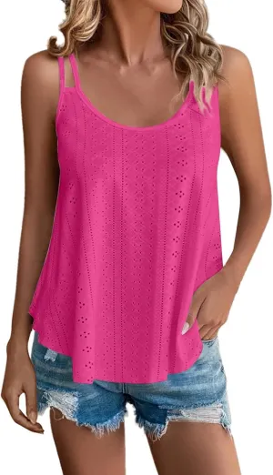 Women Fashion Tank Tops Eyelet Embroidery Sleeveless Camisole Scoop Neck Loose Casual 2024 Summer Clothes Flowy Shirts