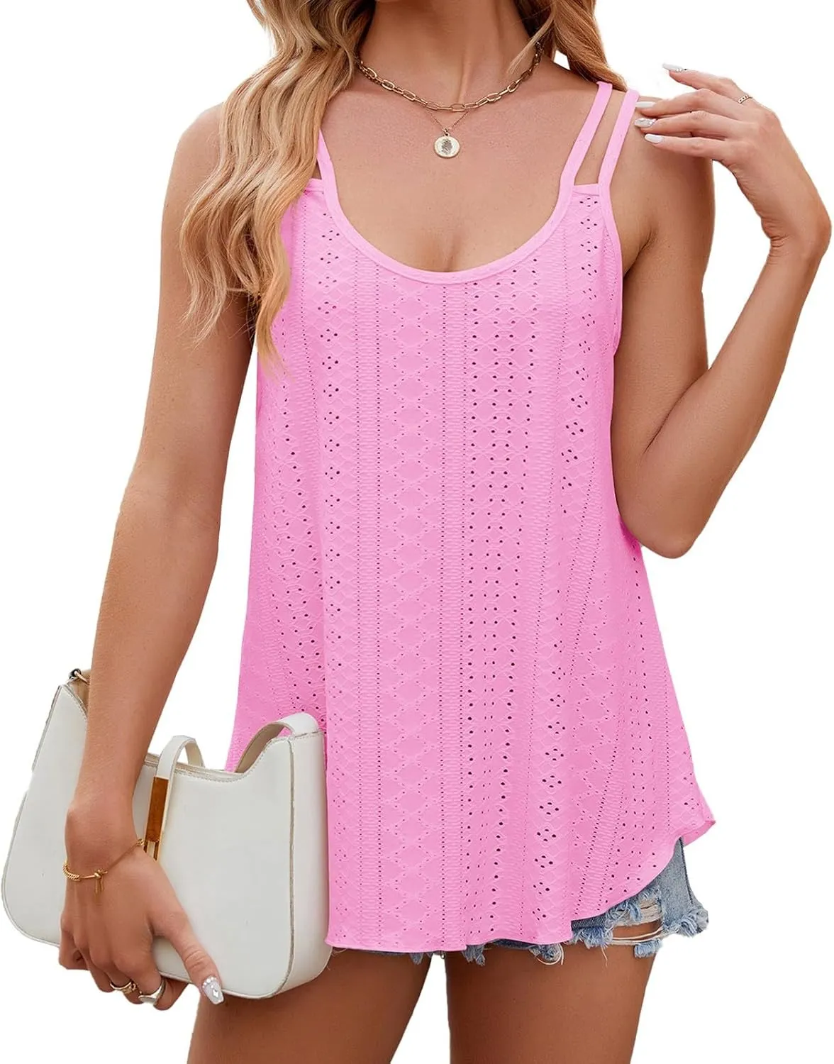 Women Fashion Tank Tops Eyelet Embroidery Sleeveless Camisole Scoop Neck Loose Casual 2024 Summer Clothes Flowy Shirts