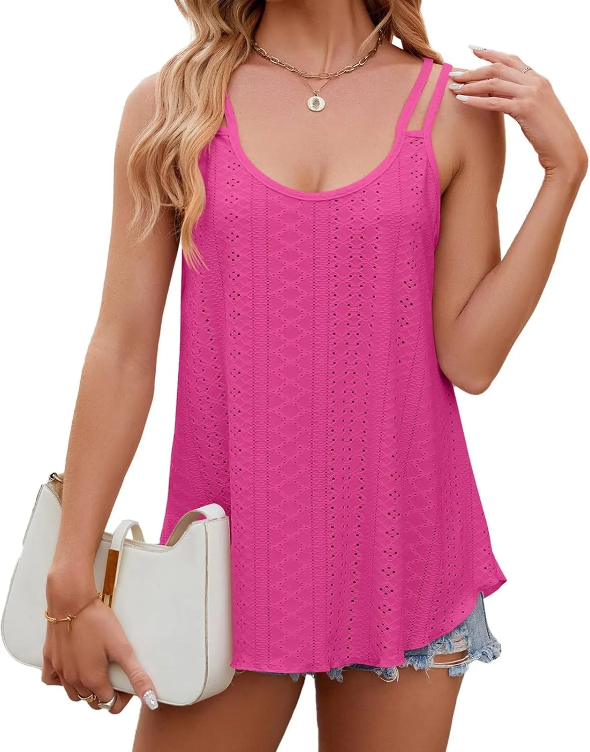 Women Fashion Tank Tops Eyelet Embroidery Sleeveless Camisole Scoop Neck Loose Casual 2024 Summer Clothes Flowy Shirts