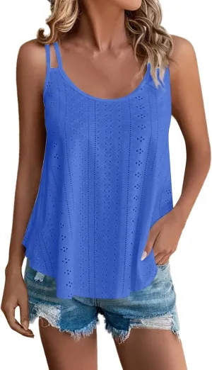 Women Fashion Tank Tops Eyelet Embroidery Sleeveless Camisole Scoop Neck Loose Casual 2024 Summer Clothes Flowy Shirts