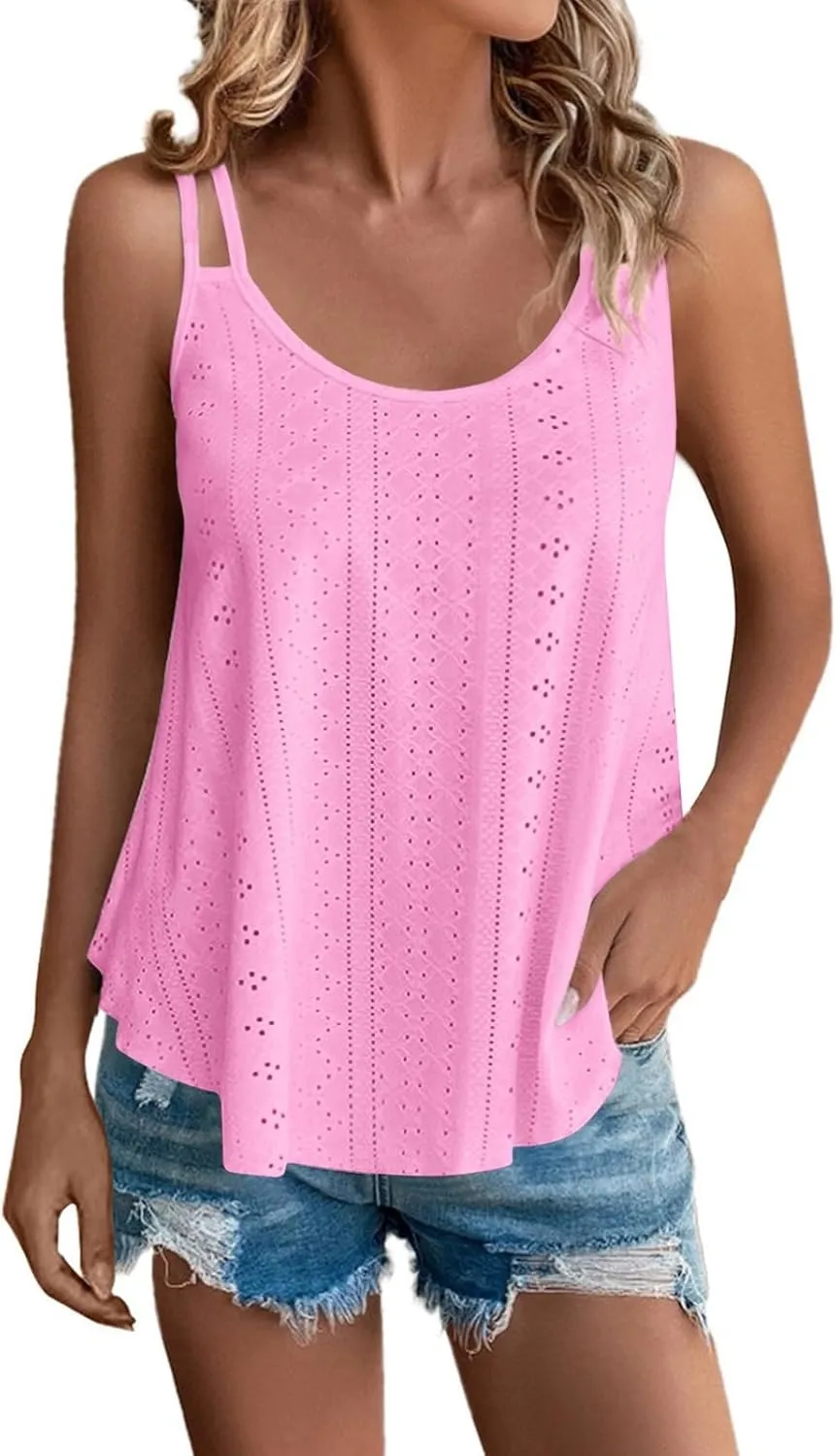 Women Fashion Tank Tops Eyelet Embroidery Sleeveless Camisole Scoop Neck Loose Casual 2024 Summer Clothes Flowy Shirts