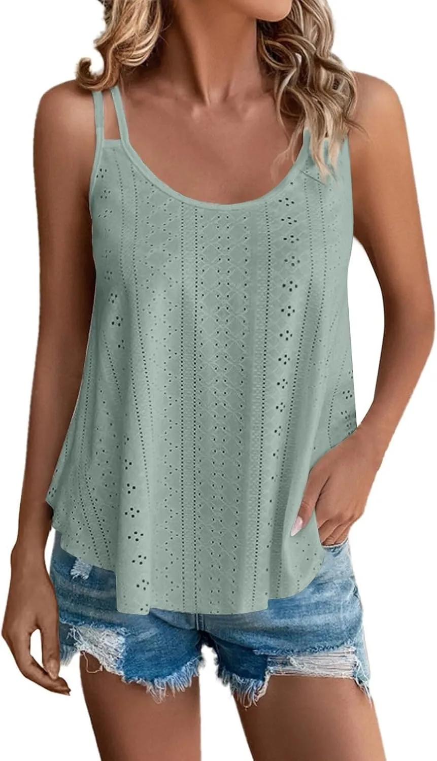 Women Fashion Tank Tops Eyelet Embroidery Sleeveless Camisole Scoop Neck Loose Casual 2024 Summer Clothes Flowy Shirts