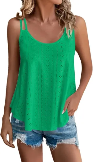 Women Fashion Tank Tops Eyelet Embroidery Sleeveless Camisole Scoop Neck Loose Casual 2024 Summer Clothes Flowy Shirts