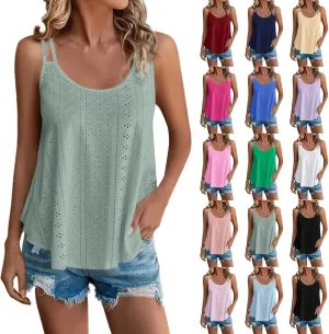 Women Fashion Tank Tops Eyelet Embroidery Sleeveless Camisole Scoop Neck Loose Casual 2024 Summer Clothes Flowy Shirts