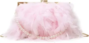 Women Feather Evening Purses and Clutches Exquisite Tassel Pearl Tote Bags for Wedding Banquet Party