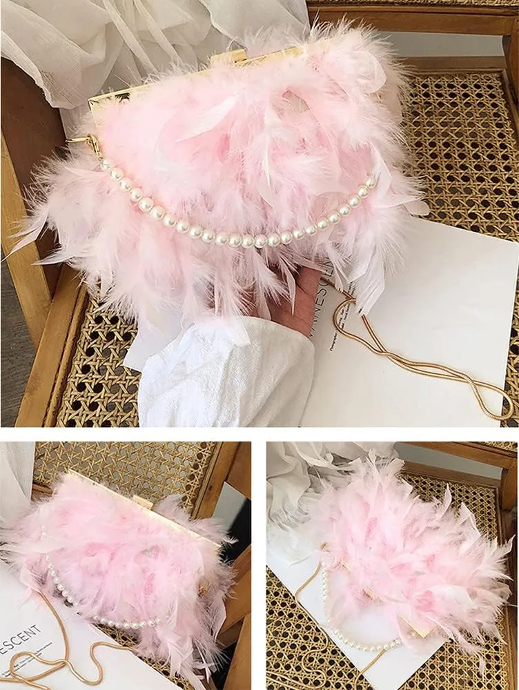 Women Feather Evening Purses and Clutches Exquisite Tassel Pearl Tote Bags for Wedding Banquet Party