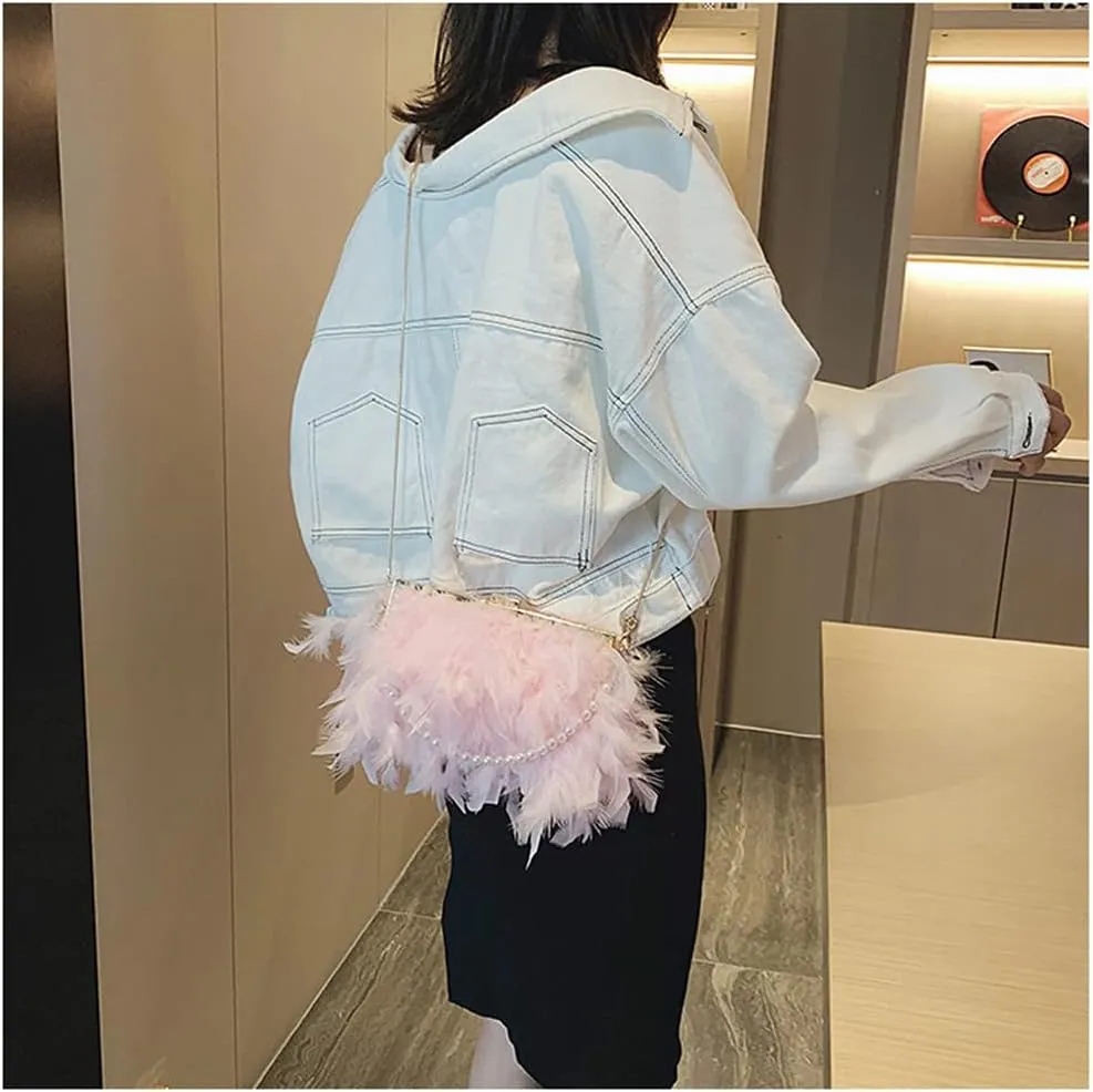 Women Feather Evening Purses and Clutches Exquisite Tassel Pearl Tote Bags for Wedding Banquet Party