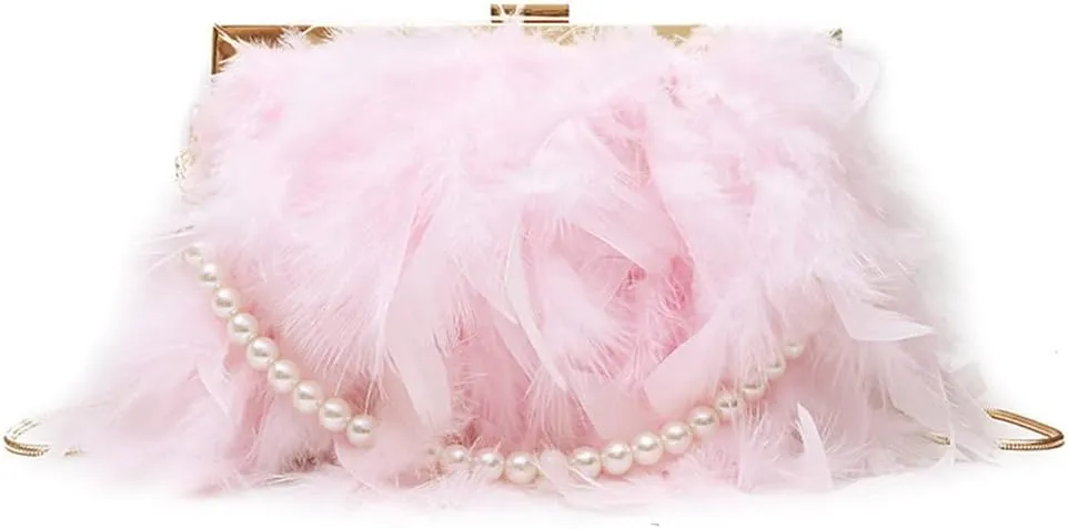 Women Feather Evening Purses and Clutches Exquisite Tassel Pearl Tote Bags for Wedding Banquet Party