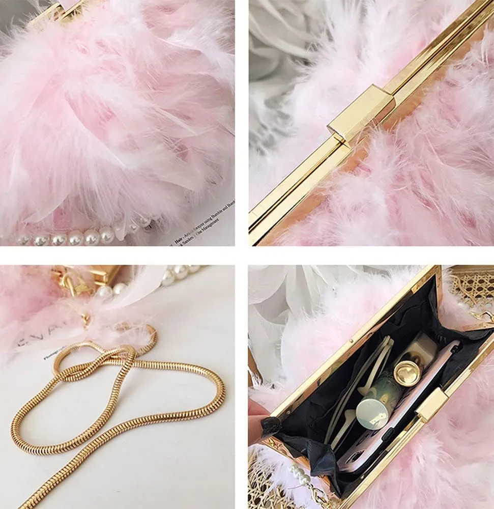 Women Feather Evening Purses and Clutches Exquisite Tassel Pearl Tote Bags for Wedding Banquet Party