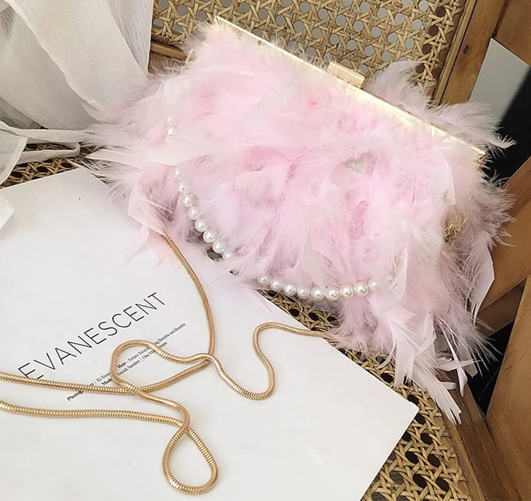 Women Feather Evening Purses and Clutches Exquisite Tassel Pearl Tote Bags for Wedding Banquet Party