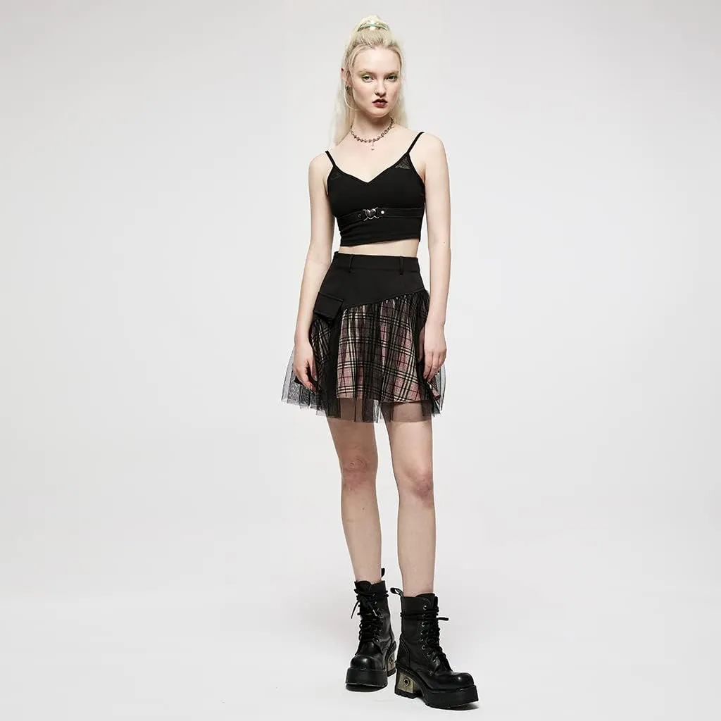 Women Gothic Skirts Women Goth Mini Plaid Skirt with Tulle Punk Dunk High Waist A-Line Party Skirt