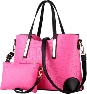 Women Ladies 2Pcs Purse and Handbags Tote PU Stiching Top Handle Satchel Shoulder Bag Clutches