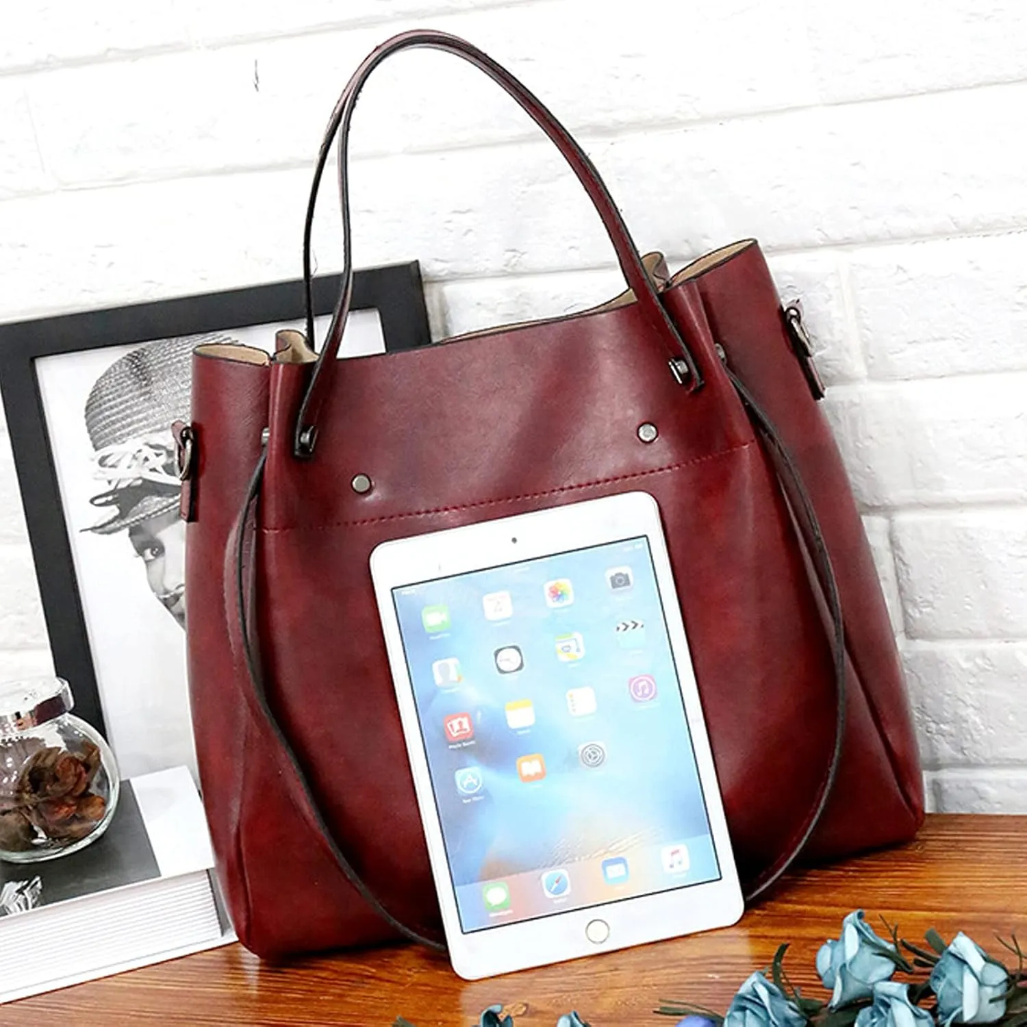Women Ladies 4Pcs Purse and Handbags SetTote PU Top Handle Satchel Shoulder Bag Clutches Card Holder