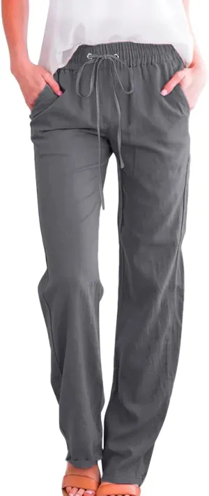 Women Linen Blend Summer Striped Palazzo Pants Elastic Waist Ankle Length Loose Fit Pants Trendy
