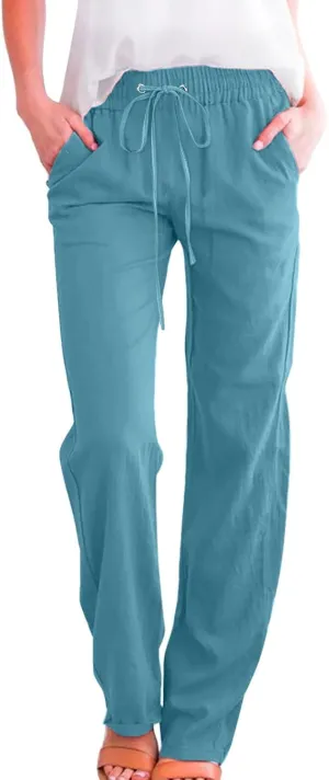 Women Linen Summer Boho Pant Trousers Low Waist Stretchy Plus Size Trouser Business Work
