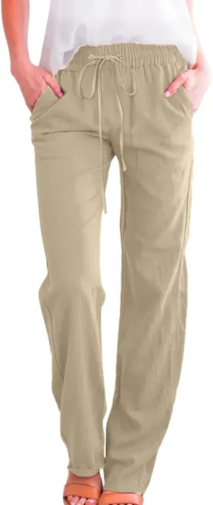Women Linen Summer Loose Pants High Waist Stretchy Straight Loose Fit Trousers Business Work