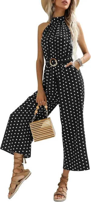 Women Polka Dot Print Jumpsuits Halter Neck Sleeveless Rompers Wide Leg Pants with Belt