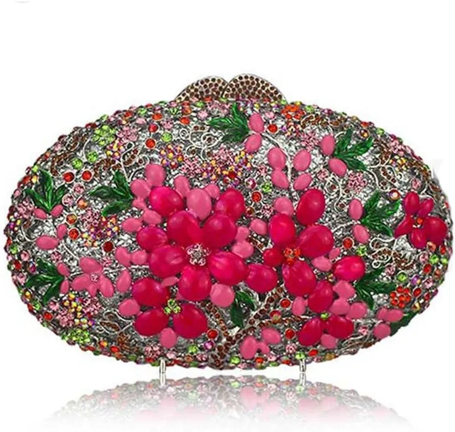 Women Rose Flower Hollow Out Crystal Evening Metal Clutches Handbag Purse Wedding Clutch Bag