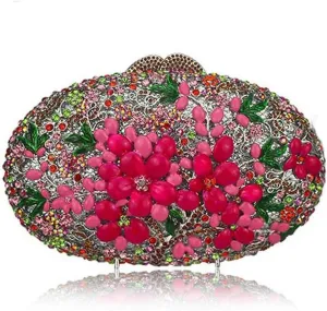 Women Rose Flower Hollow Out Crystal Evening Metal Clutches Handbag Purse Wedding Clutch Bag
