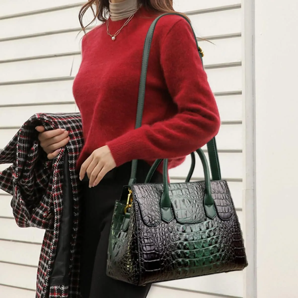 Women Satchel Bag PU Leather Crocodile-Embossed Pattern With Top Handle Shoulder Bags Handbags Fashion Purses Totes