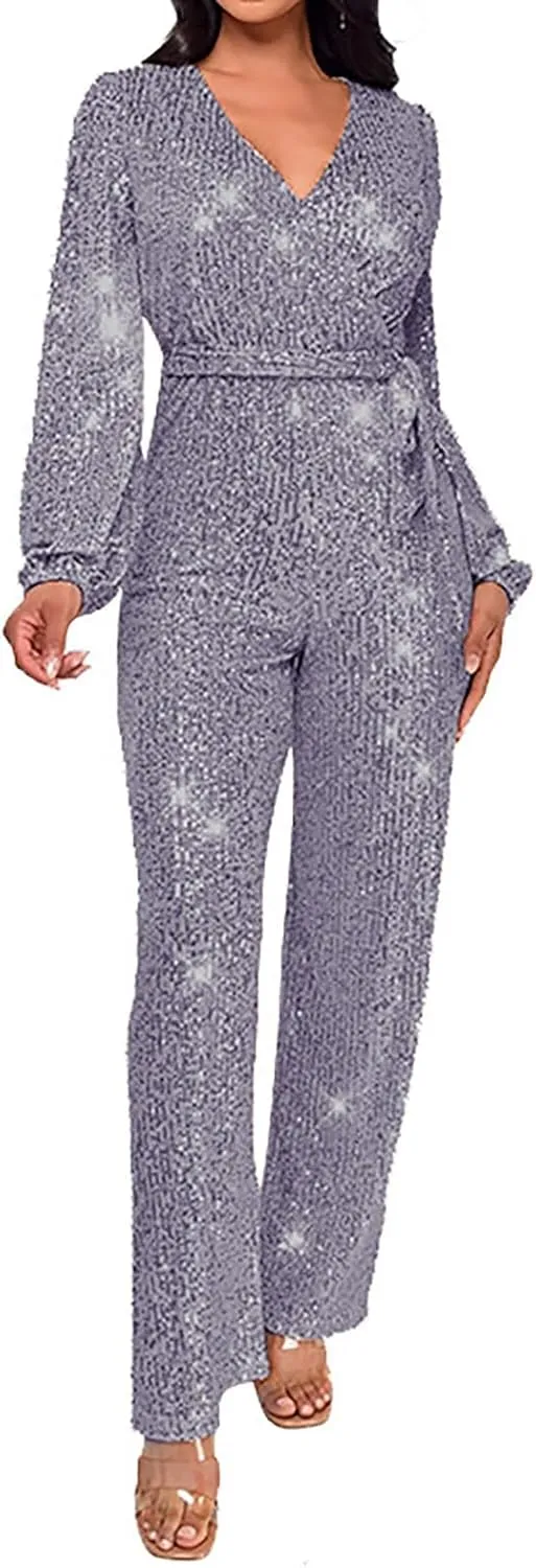 Women Sequin Party Clubwear Romper Glitter Shiny Wrap V Neck Sexy Long Sleeve Jumpsuit Straight Wide Long Pants