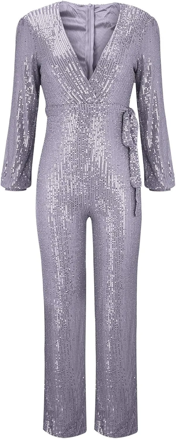 Women Sequin Party Clubwear Romper Glitter Shiny Wrap V Neck Sexy Long Sleeve Jumpsuit Straight Wide Long Pants