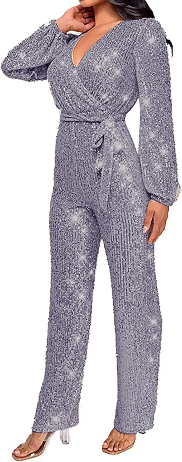 Women Sequin Party Clubwear Romper Glitter Shiny Wrap V Neck Sexy Long Sleeve Jumpsuit Straight Wide Long Pants