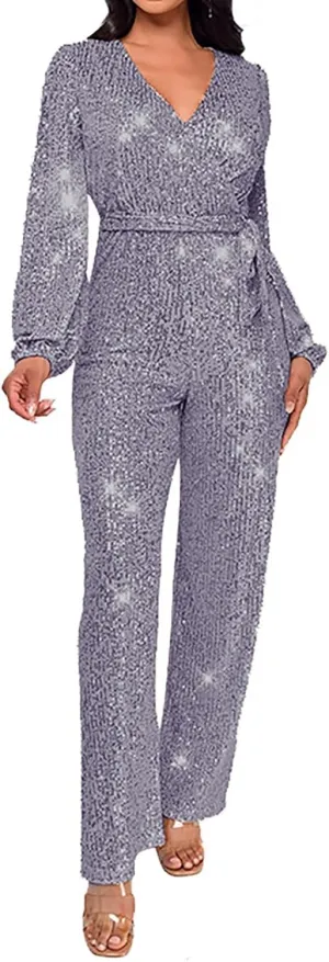 Women Sequin Party Clubwear Romper Glitter Shiny Wrap V Neck Sexy Long Sleeve Jumpsuit Straight Wide Long Pants