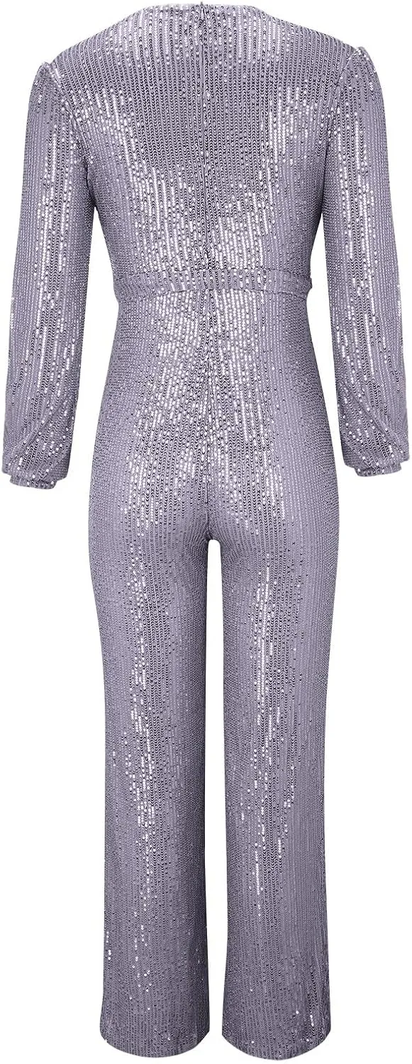 Women Sequin Party Clubwear Romper Glitter Shiny Wrap V Neck Sexy Long Sleeve Jumpsuit Straight Wide Long Pants