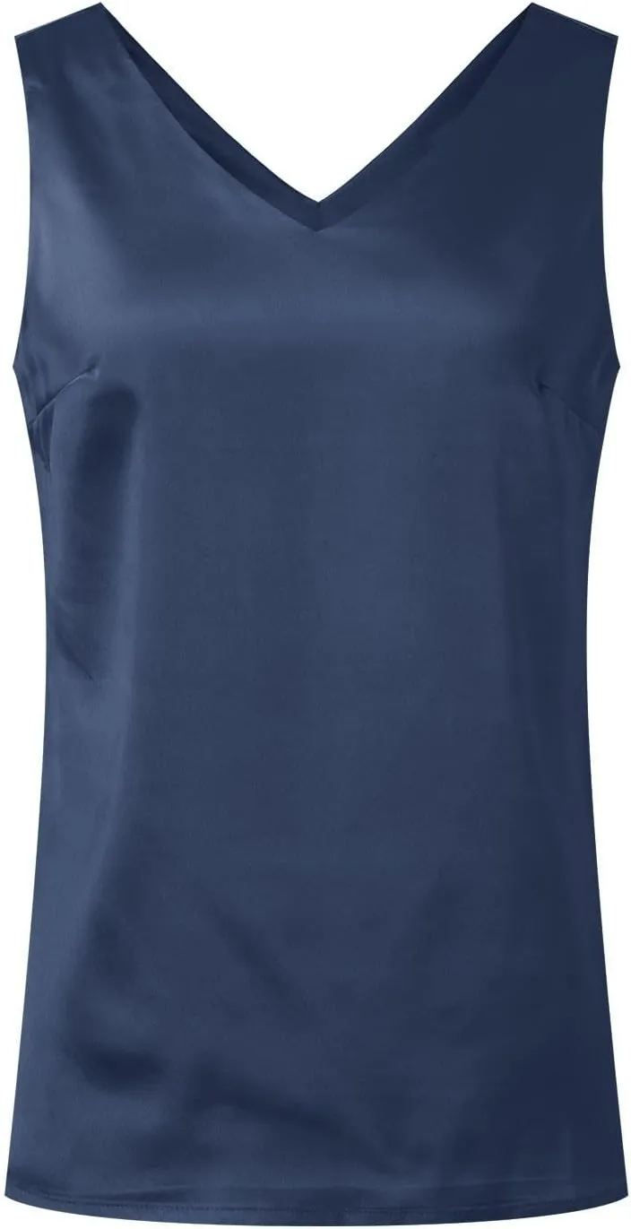 Women Silk Satin Tank Tops Sleeveless Tops Summer Basic Tank Shirt Dressy V-Neck Solid Camisole Blouses Casual Loose