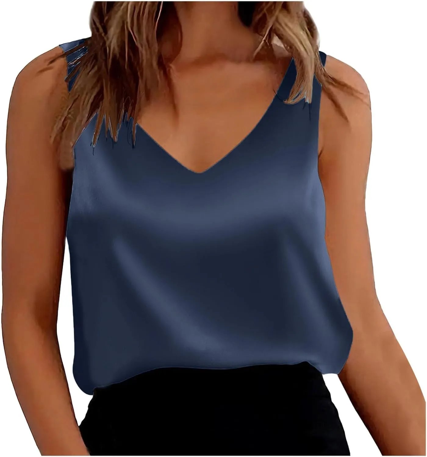 Women Silk Satin Tank Tops Sleeveless Tops Summer Basic Tank Shirt Dressy V-Neck Solid Camisole Blouses Casual Loose