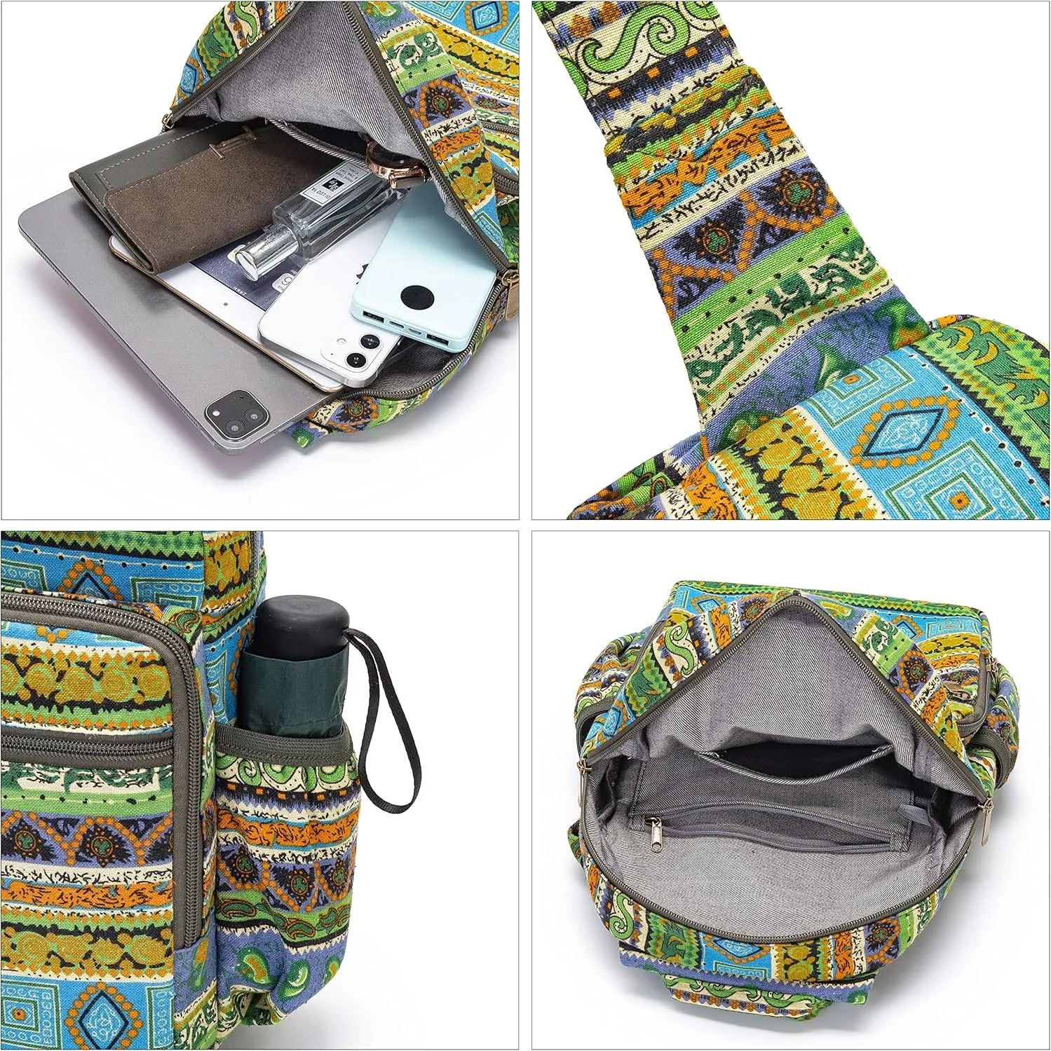 Women sling bag Elephant canvas large boho backpacks bohemian Crossbody Bag (green yellow)