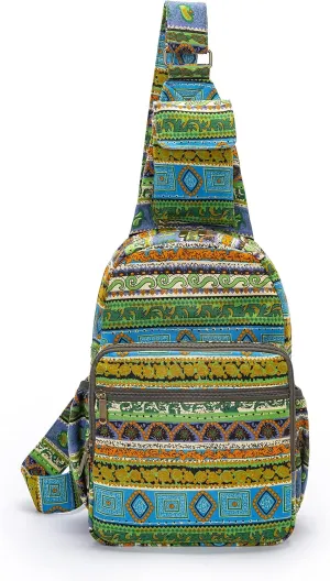 Women sling bag Elephant canvas large boho backpacks bohemian Crossbody Bag (green yellow)