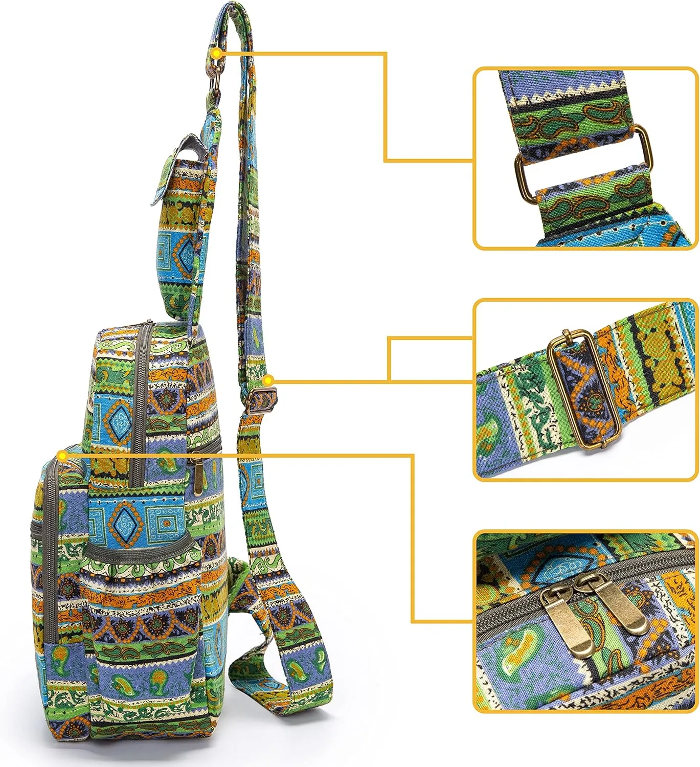 Women sling bag Elephant canvas large boho backpacks bohemian Crossbody Bag (green yellow)