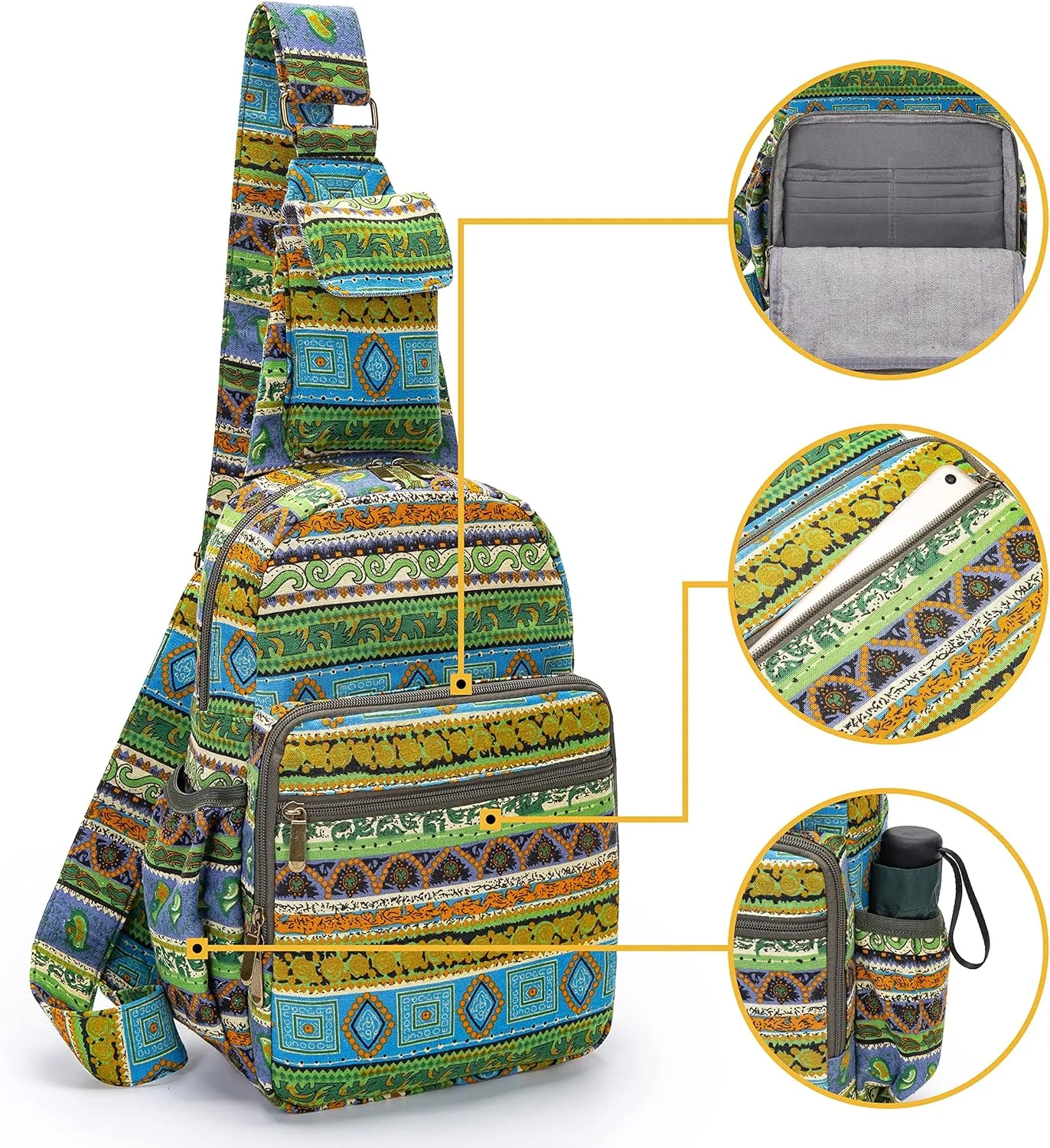 Women sling bag Elephant canvas large boho backpacks bohemian Crossbody Bag (green yellow)