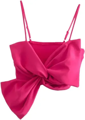 Women Spaghetti Strap Crop Bow Tank Top Solid Backless Bustier Vintage Sling Camisole Tops